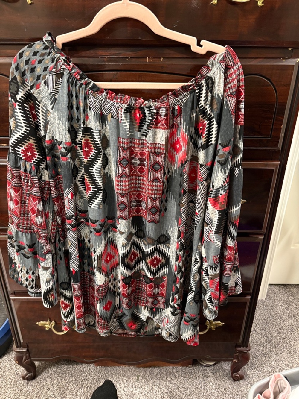 Off-Shoulder Printed Blouse in Red, Black & Gray “Nashville “